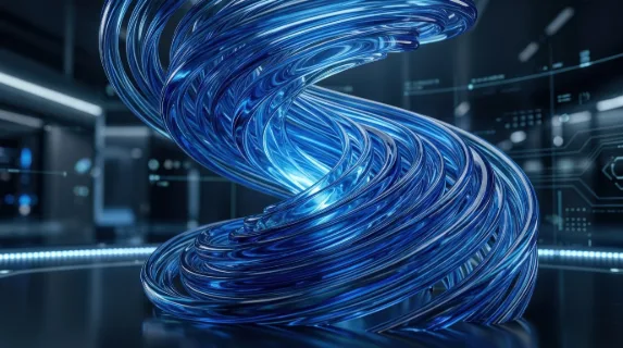 An abstract blue glass spiral with glossy curved depth, layered transparency and a sleek modern digital atmosphere, ultra-realistic, no logos.