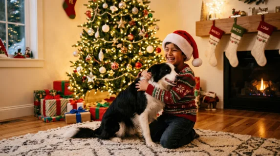 A happy Hispanic boy in a Santa hat hugging his border collie dog on the living room floor in front of a decorated Christmas tree, affectionate family holiday warmth, ultra-realistic, no logos.