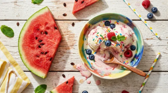 A playful flat-lay of watermelon slice and melting ice cream, vibrant summer colors, refreshing sweet mood, ultra-realistic, no logos.