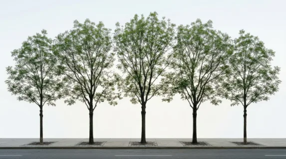 Ash street trees with balanced branching and airy foliage, frontal urban planting silhouettes isolated on a clean background, structured greenery in natural daylight, ultra-realistic, no logos.