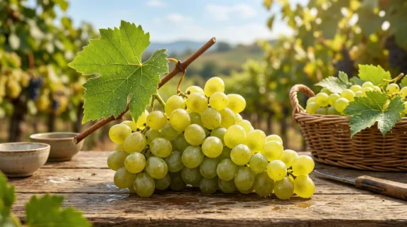 A fresh bunch of green grapes with stem and leaf, ripe translucent fruit and bright healthy harvest atmosphere, ultra-realistic, no logos.