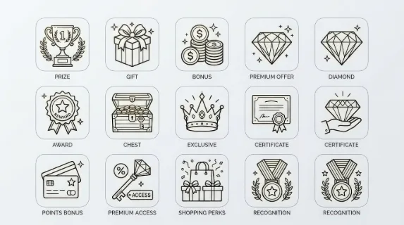 An exclusive benefit and reward icon set with prize, incentive, bonus, and premium offer symbols, crisp outline design, smart promotional style, ultra-realistic, no logos.