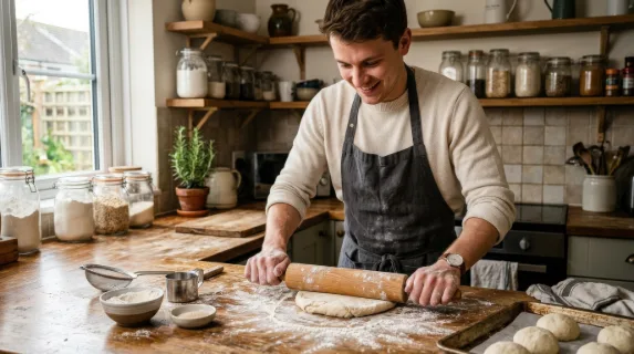 A young man rolling out dough with a rolling pin in a home kitchen, homemade baking, flour-dusted surface, cozy domestic atmosphere, ultra-realistic, no logos.