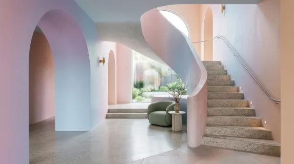 A modern geometric interior with arch and stairs in gradient pastel colors, soft shadows and elegant minimal architectural balance, ultra-realistic, no logos.