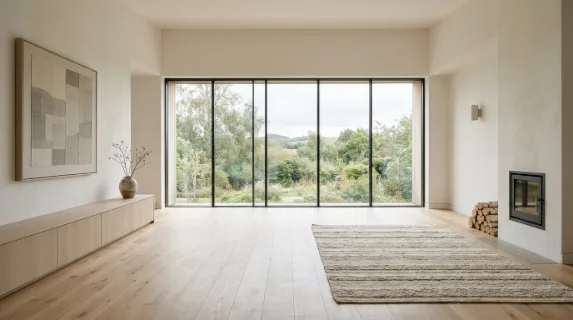 An empty Scandinavian minimalist living room, soft neutral palette, clean lines and calm spacious atmosphere, ultra-realistic, no logos.