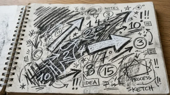 Charcoal scribble stripes, emphasis arrows and hand-drawn numbers, chalky marker doodles with sketchbook spontaneity, gritty creative texture, ultra-realistic, no logos.