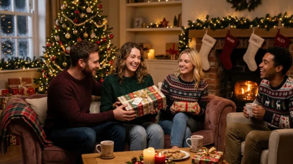 Friends giving gifts for Christmas, festive wrapping paper, warm lights, cozy seasonal setting and heartfelt holiday cheer, ultra-realistic, no logos.