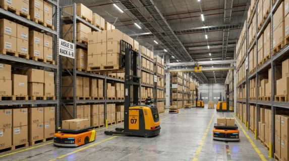 A modern automated warehouse with autonomous robots and forklifts moving boxes on high shelves, smart logistics precision and efficient supply chain flow, ultra-realistic, no logos.