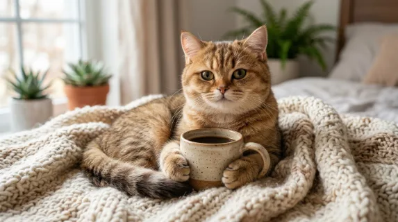 A cat holding a coffee mug, cozy posture, soft playful expression, intimate morning atmosphere, ultra-realistic, no logos.