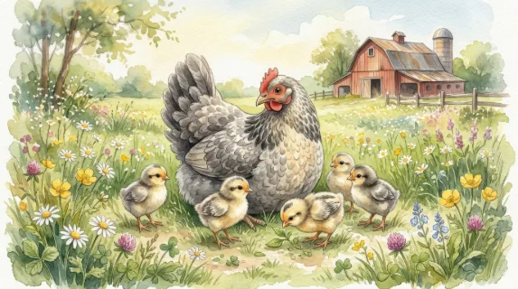 A whimsical watercolor set of cute grey chicken and chicks, tender feather textures and spring meadow softness, warm family farm atmosphere, ultra-realistic, no logos.