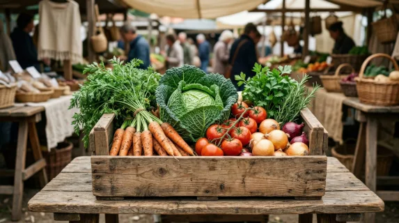 A wooden vegetable crate filled with carrots, cabbage, tomatoes, onions, and herbs, fresh farm textures and soft daylight in a rustic market setting, ultra-realistic, no logos.