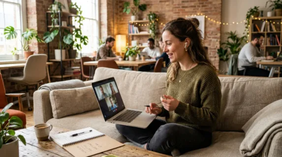 A female freelancer talking on a video call through her laptop while sitting on a sofa in an illuminated coworking office, cozy seating, notebook nearby, modern creative workspace, ultra-realistic, no
