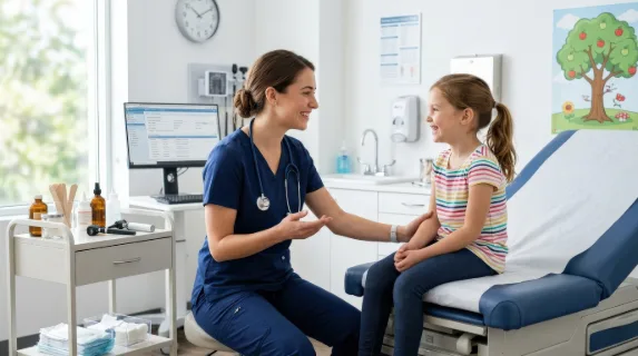 A smiling young doctor talking with a girl patient in a clinic examination room, medical instruments, bright clean interior, gentle and reassuring healthcare atmosphere, ultra-realistic, no logos.