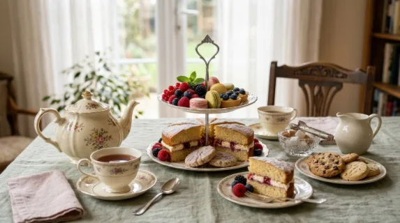 A tea and dessert setting with teapot, cups, cakes, cookies, and berries on a soft linen table, elegant pastel palette and calm afternoon comfort, ultra-realistic, no logos.
