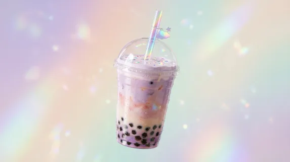 A pastel bubble tea drink floating in a clean scene, glossy cup surface, creamy tones, soft pearls visible, holographic accents, playful kawaii sweetness, ultra-realistic, no logos.