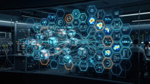 A futuristic hexagonal interface with 3D cubes, glowing dots and luminous tech lines, polished VR-style data visualization, ultra-realistic, no logos.