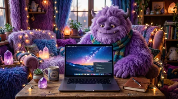A sleek laptop placed in front of a purple yeti, cozy surreal workspace scene with soft fur texture and fun contrasting colors, ultra-realistic, no logos.