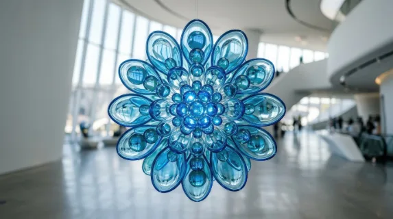 Round glass shapes with reflective surfaces arranged like a floating flower, blue lens-like transparency and minimalist futuristic grace, ultra-realistic, no logos.