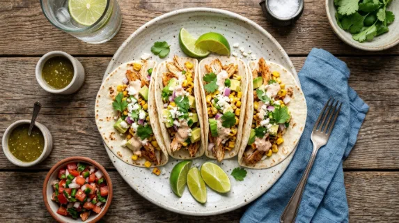 Overhead view of soft tacos with chicken, corn, avocado and lime, bright fresh ingredients, rustic table styling, vibrant appetizing textures, ultra-realistic, no logos.