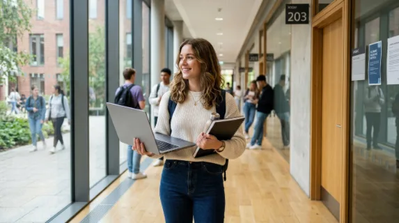 A smiling young woman holding a laptop and looking away while standing in a university corridor, soft daylight, modern campus interior, calm academic confidence, ultra-realistic, no logos.