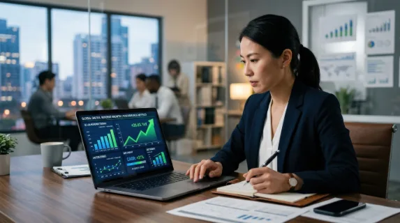 A financial analyst reviewing a digital growth chart on a laptop, rising arrow graph, performance metrics and revenue trends in a sleek planning environment, ultra-realistic, no logos.