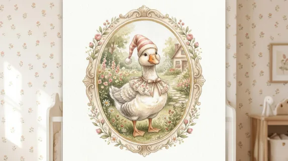 A cute goose illustration for a girl in an oval frame with festive hat and collar, beige cottagecore watercolor nursery mood, ultra-realistic, no logos.
