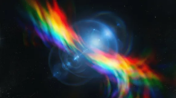 Abstract rainbow light leak with motion blur over black, blue lens bloom and grainy film softness giving a dynamic retro poster look, ultra-realistic, no logos.