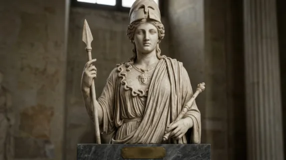 An ancient Greek goddess statue illustration, classical female sculpture inspired by Athena, Aphrodite and Hera, refined mythology portrait with museum grace, ultra-realistic, no logos.