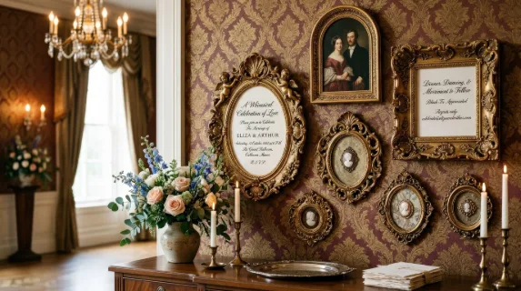 Whimsical baroque and renaissance frames in oval, arch, and rectangle shapes, ornate vintage curves and an elegant celebratory invitation atmosphere, ultra-realistic, no logos.