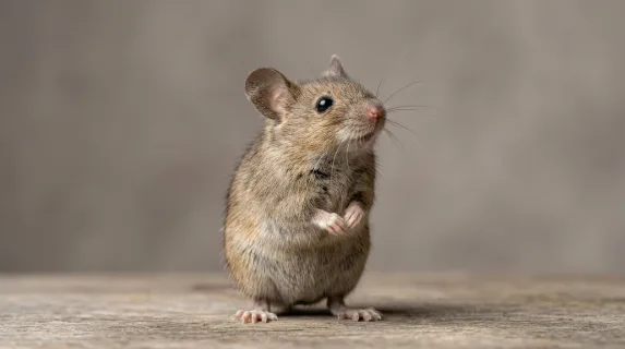 A curious mouse standing upright isolated on a simple background, fine whiskers, soft fur and alert upward gaze, delicate studio portrait, ultra-realistic, no logos.