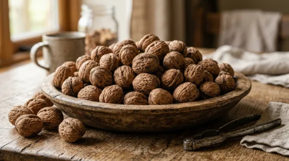 Whole walnuts in their shells piled naturally, earthy texture and wholesome rustic snack atmosphere, ultra-realistic, no logos.