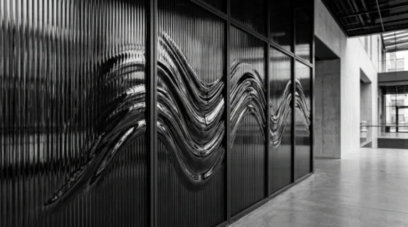 A ribbed glass surface in black and white with abstract waves, glossy gradient reflections and sleek minimal architectural mood, ultra-realistic, no logos.