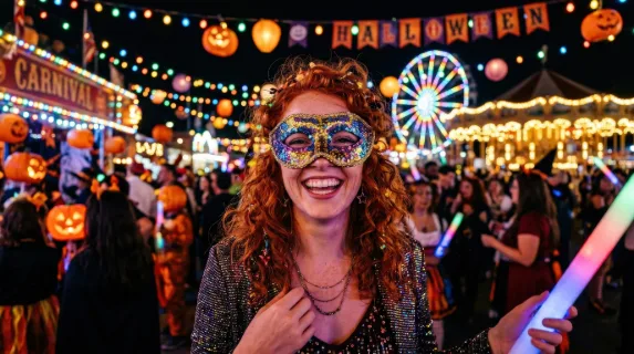 A young red-haired woman wearing a glitter mask and smiling at a night carnival party, colorful lights and festive decorations glowing around her, lively Halloween celebration mood, ultra-realistic,