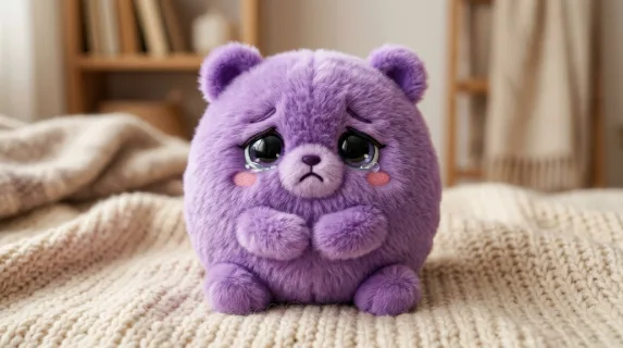 A rounded purple furry character with teary eyes and a charming face, plush texture, expressive emotion, soft studio light, ultra-realistic, no logos.