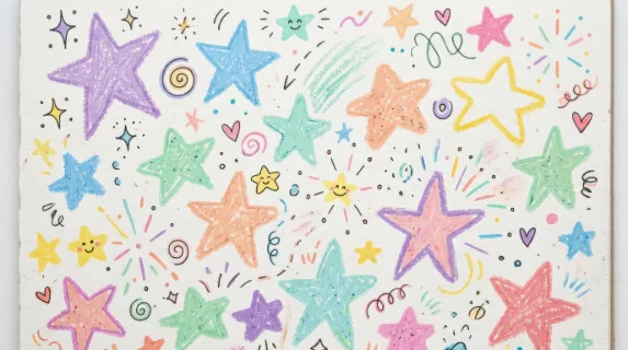 A hand-drawn crayon star shape pattern with pastel brush texture, playful school-style sparkle figures and soft colorful doodle energy, ultra-realistic, no logos.