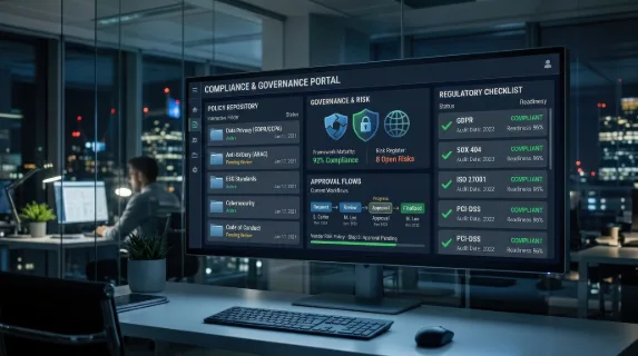 A digital compliance dashboard with policy folders, secure governance symbols, approval flows and regulatory checkmarks, cool professional lighting, transparent efficient corporate atmosphere,