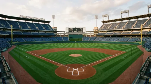An empty baseball field ready for the game, fresh grass, neat diamond lines, vacant stands, crisp anticipatory sports atmosphere, ultra-realistic, no logos.