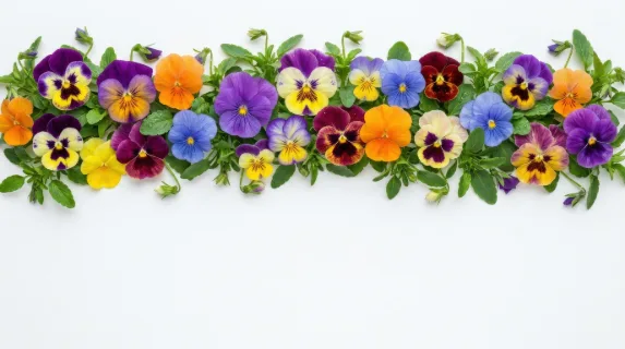 Colorful pansy flowers arranged as a horizontal border on a white background, vivid petals and fresh leaves framing generous copy space, cheerful decorative atmosphere, ultra-realistic, no logos.