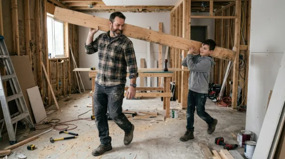 A father and son carrying a wooden plank during home renovation, unfinished interior details, practical motion, warm family cooperation mood, ultra-realistic, no logos.