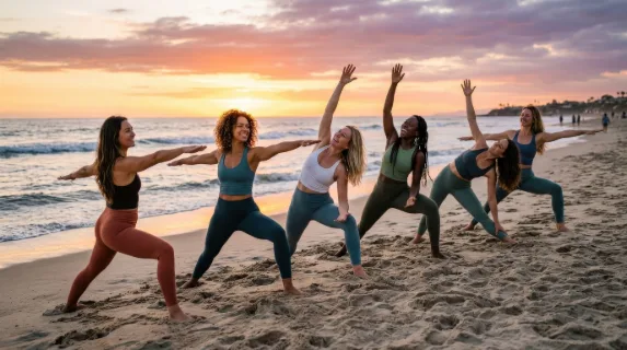 Women practicing yoga together on a beach at sunset, joyful expressions, soft sand, glowing horizon and graceful poses, peaceful radiant atmosphere, ultra-realistic, no logos.