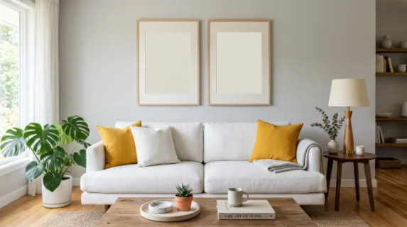 Two blank poster frames in a modern minimalist living room, white sofa, yellow pillows, wooden lamp and polished home decor scene, ultra-realistic, no logos.
