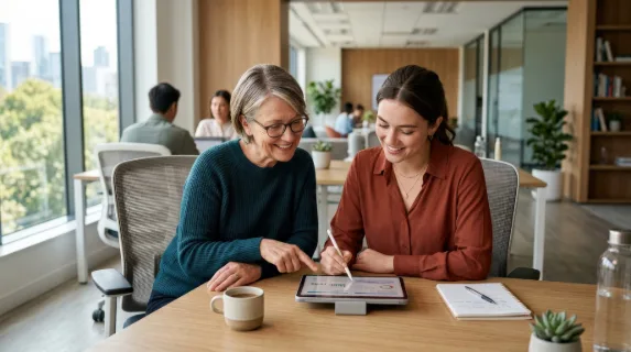 An older and younger woman collaborating on a tablet in an office, side-by-side at a shared desk, clean contemporary interior, soft daylight, warm intergenerational teamwork mood, ultra-realistic, no