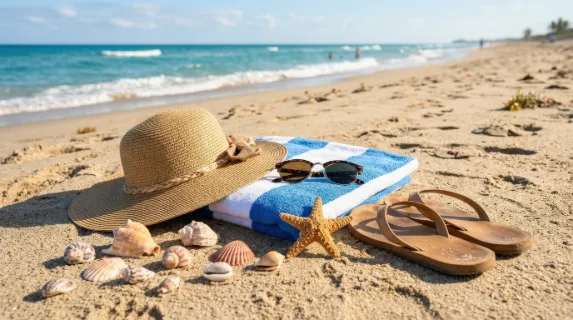 A beach summer vacation collection with seashells, sunglasses, sandals, towel, starfish, and a straw hat on warm sand, bright sun and relaxed coastal mood, ultra-realistic, no logos.