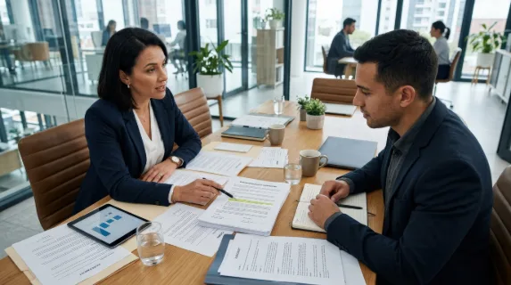 High-angle view of a businesswoman explaining business contract instructions to a male customer across a table, paperwork spread out, modern office setting, focused trustworthy mood, ultra-realistic,