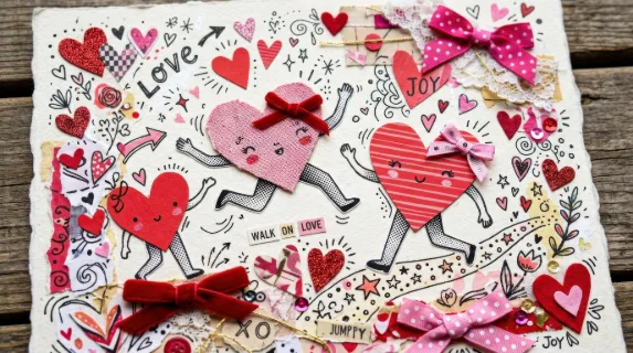A playful collage set of red and pink hearts with halftone legs jumping and walking, bows, doodles and whimsical romantic mixed-media energy, ultra-realistic, no logos.