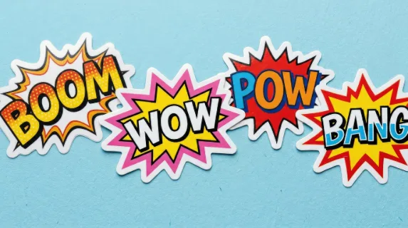 A comic speech bubble sticker set with boom, wow, pow and bang text, scrapbook cutout edges and bright cartoon bursts, lively pop-art retro mood, ultra-realistic, no logos.