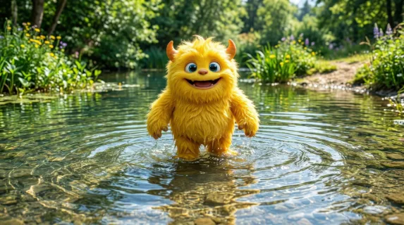 A cute yellow furry monster standing in water, ripples around soft fur, bright playful colors, refreshing cheerful mood, ultra-realistic, no logos.