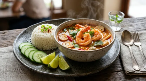A serving of spicy shrimp soup with rice, cucumber slices, and lime wedges presented artistically on a plate, vibrant colors, steam, and appetizing detail, ultra-realistic, no logos.
