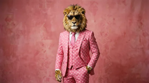 A spotted lion-headed figure in a pink polka-dot suit with tie and sunglasses against a monochrome pink backdrop, whimsical retro portrait and confident style, ultra-realistic, no logos.