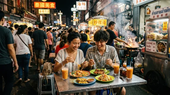 A young Asian couple traveling together and eating Thai street food in Bangkok's Chinatown night market, glowing stalls, bustling crowd, colorful dishes, vibrant food-culture atmosphere,